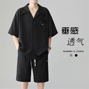夏新凉感透气冰丝短袖衬衫短裤男潮牌纯色透气两件套装TZ098-P65图片