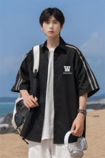 港风夏季新款时尚宽松翻领织带拼色衬衫ins情侣S262特P35控58，男装衬衫，电商A247