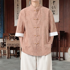 男士衬衫五分袖衬衣中袖印花立领唐装风XZ1512-2552-P45，男装T恤，星座1512