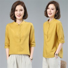 时尚休闲女2025新款韩版夏季短袖宽松棉麻复古国风洋气，女装T恤，璐依舞