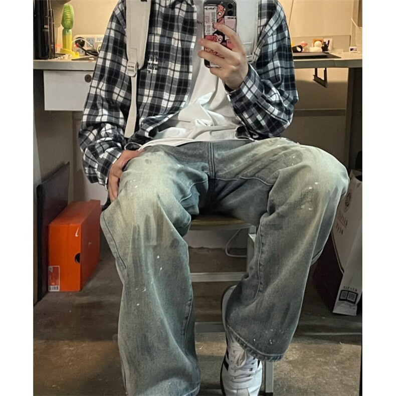 原宿无品牌时尚潮流简约新款流行泼墨牛仔裤男士美式高街休闲长裤,男装牛仔裤,星座601-1