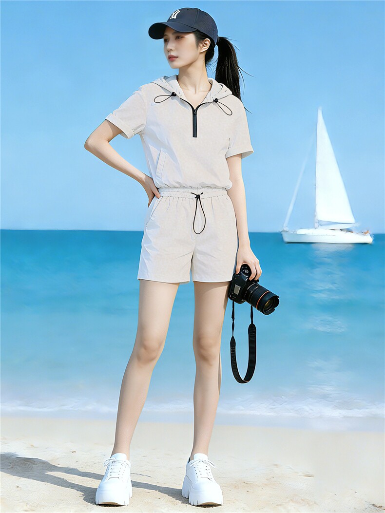 韩版时尚套装女夏季新款洋气减龄连帽半开拉链短袖上衣短裤两件套,女装套装/套裙,江南