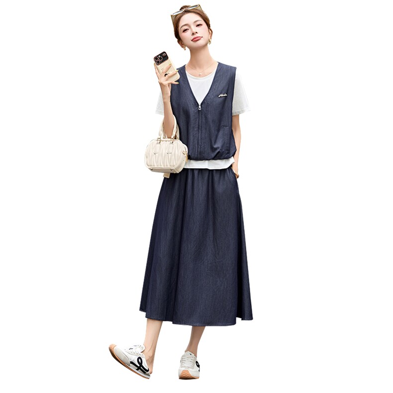 松弛感休闲牛仔套装裙女2025夏季假两件短袖T恤上衣半身裙两件套,女装套装/套裙,衣佳和