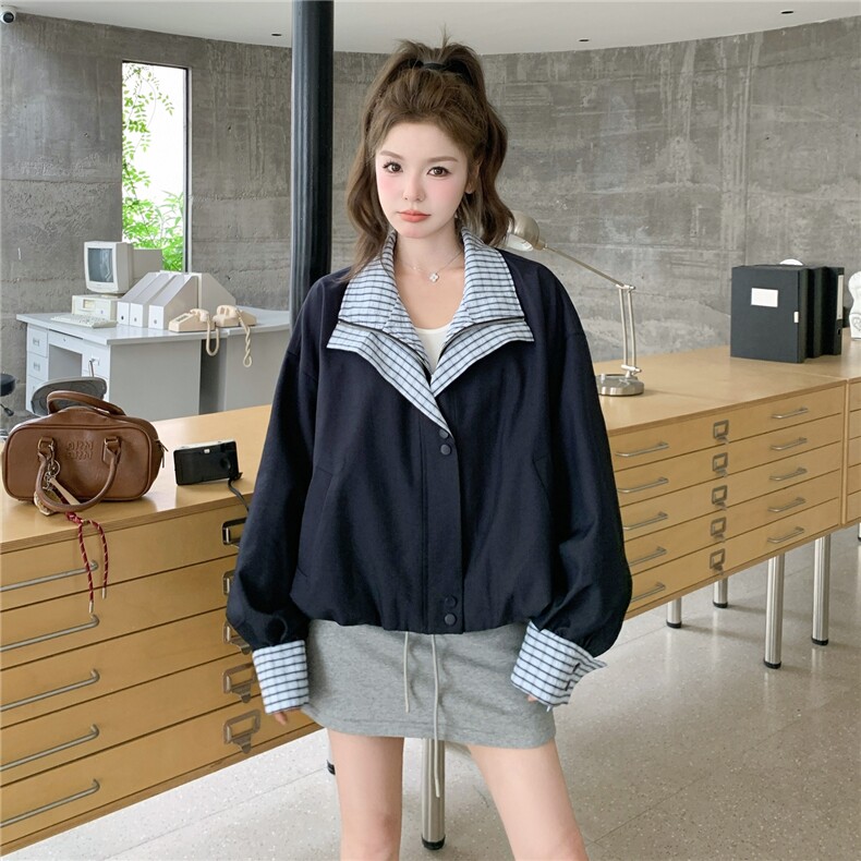 秋季新品！撞色格子假两件花苞形夹克外套B208-9071-P155K218,女装短外套,浙宝208