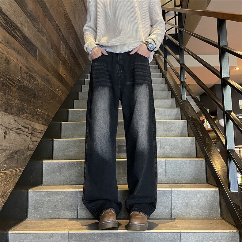 复古宽松阔腿牛仔裤高街设计感春秋新款显瘦拖地直筒裤潮9084-P38,男装牛仔裤,星座302A-2