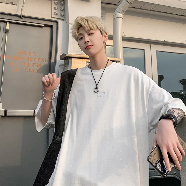 DSA028-DS2402100聚酯P30新款鹿皮绒满天星压标T恤宽松打底半袖,男装T恤,电商A028