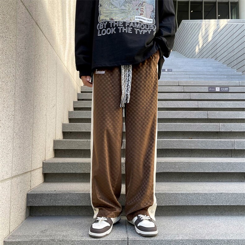 美式复古咖色裤子男秋冬日系棋盘格排扣运动裤侧边拼接阔腿直筒裤,男装休闲裤,星座601-2