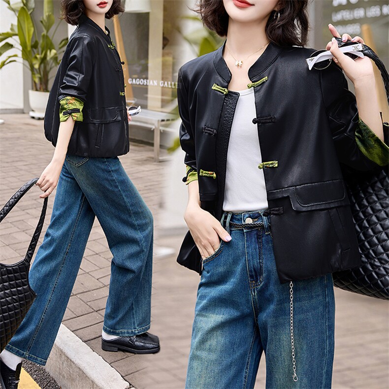 现货新中式仿真皮衣女短款2024新中式仿绵羊皮盘扣夹克外套女减龄，女装皮衣，潮流依族