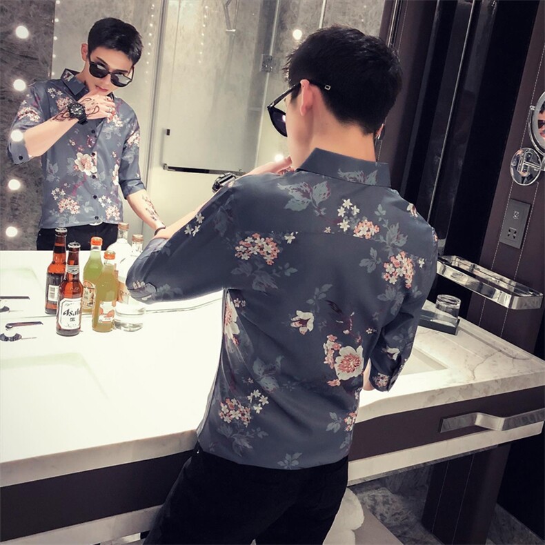 夏季男士七分袖印花衬衫男休闲修身条纹衬衣A236-8811-P55,男装衬衫,电商A236