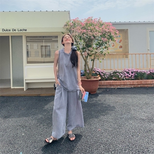 木耳边蓝色无袖衬衫阔腿裤套装女夏ootd穿搭减龄两件套爆款高级感图片
