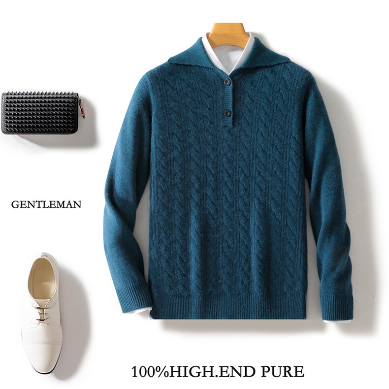 2025秋冬100%纯羊毛衫男翻领提花加厚针织毛衣宽松羊绒针织打底衫，男装羊毛衫，邓利维
