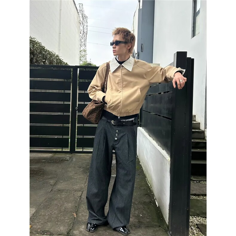 流石男装复古水洗宽松门襟排扣裤子2025秋季新款直筒阔腿牛仔长裤,男装休闲裤,星座516A