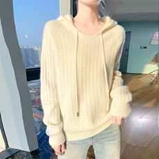时尚百搭女士羊毛连帽衫羊毛华夫格纯色宽松显瘦毛衣，女装羊毛衫，暮绒羊羊绒