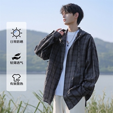 特批P35无差价夏季连帽格子宽松薄款透气舒适防晒衬衫外套男J5210，男装衬衫，电商A001