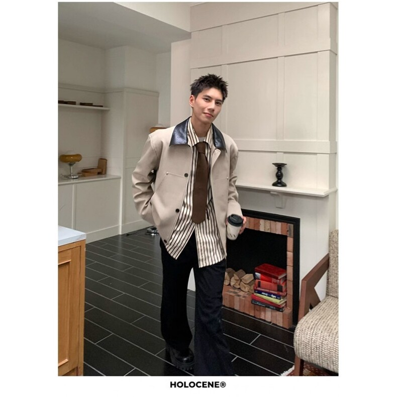 港风秋款男单排扣夹克衫PU皮领休闲外套JK688P75,男装夹克,星座1013-1
