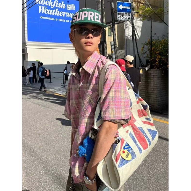 夏复古简约撞色格纹短袖衬衫男女宽松休闲防晒衬衣外套C7009,男装防晒衣,星座1116A（原606A-3）