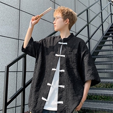 2026夏新款潮男新中式碎花盘扣短袖五分袖衬衫CS380/特P35黑色5，男装衬衫，电商A094