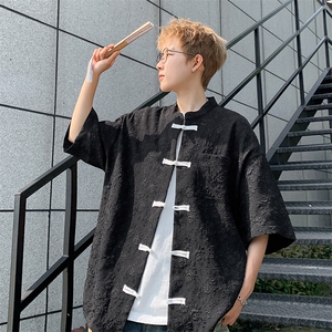 2026夏新款潮男新中式碎花盘扣短袖五分袖衬衫 CS380/特P35 黑色5图片