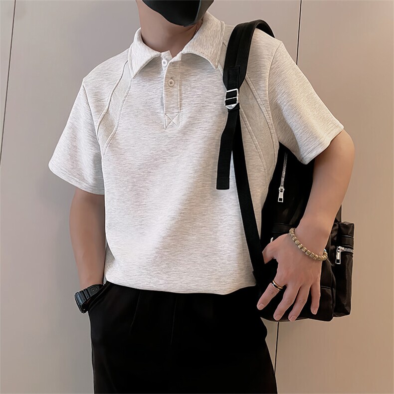 8970/P58控78夏季小伙美式拼接设计感Polo衫T恤轻奢痞帅男白灰色2图片