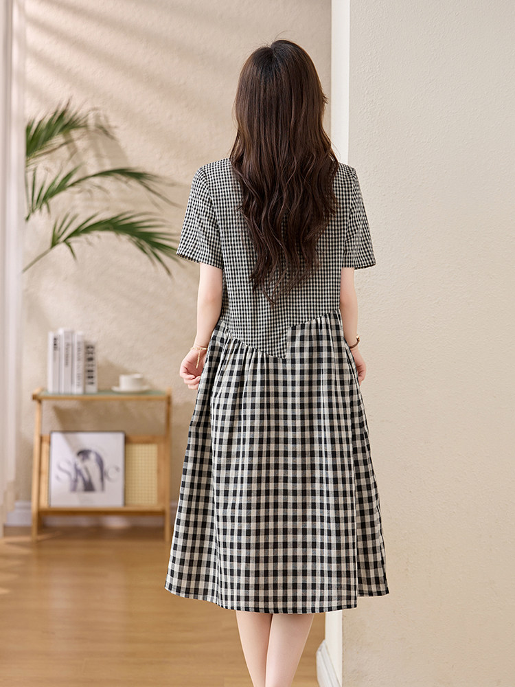复古格子拼接棉麻连衣裙女2025夏季新款宽松显瘦气质休闲A字裙子,女装连衣裙,姿衣坊
