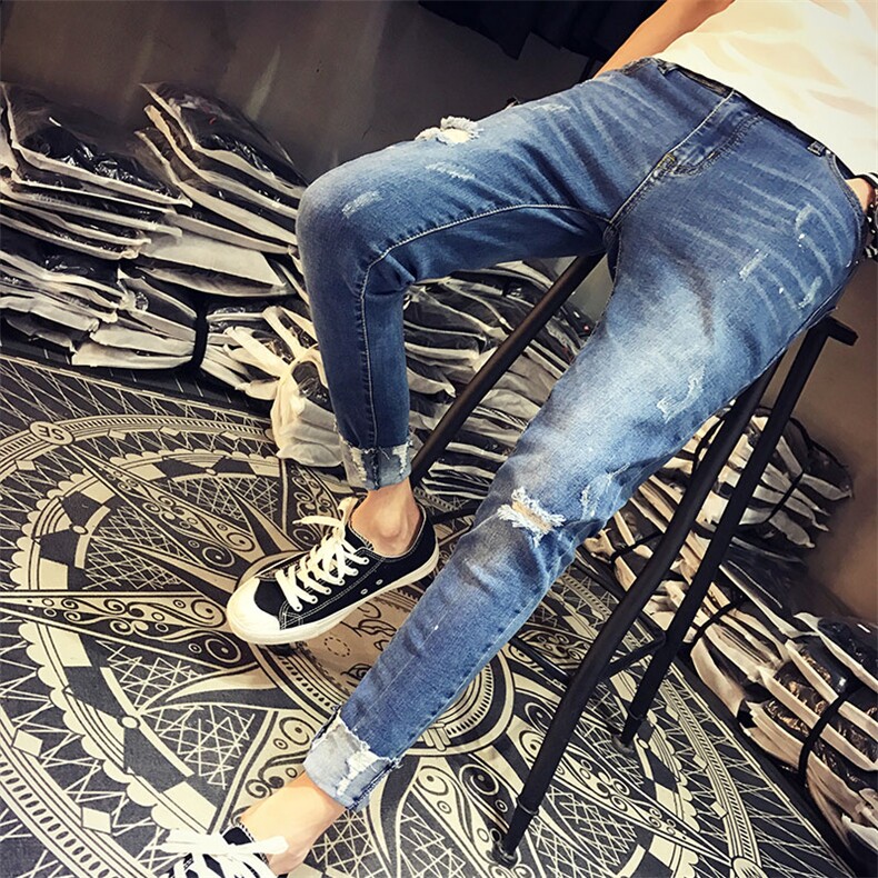 2021年无弹时尚都市夏季薄款休闲破洞青年九分裤小直脚常规牛仔布中腰拉链牛仔裤,男装牛仔裤,电商A313