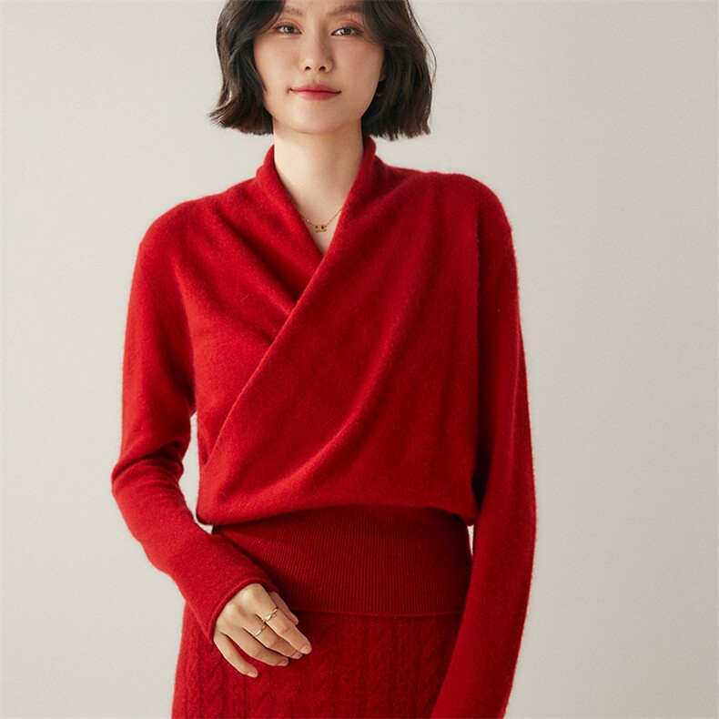 温柔交叉V领山羊绒衫气质秋冬时髦毛衣女打底针织打底羊毛衫粉色,女装羊绒衫,绒创羊绒