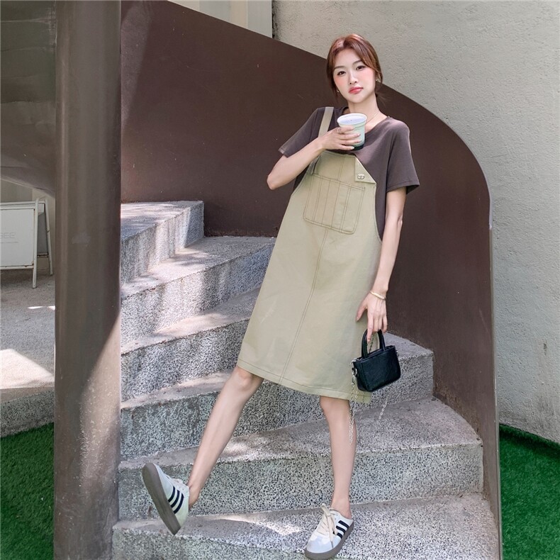 卡其色假两件拼接背带连衣裙女夏2025新款学院风小个子高级感裙子,女装连衣裙,2D044