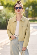 洋气减龄翻领皮衣外套女2025春秋新款宽松休闲小个子短款夹克上衣，女装皮衣，英标秀（1C119）