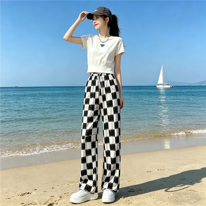 欧货时尚休闲运动套装女夏季新款显瘦圆领短袖上衣格子长裤两件套,女装套装/套裙,江南