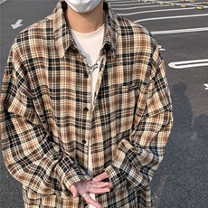 美式街头复古格子长袖衬衫男潮牌嘻哈刺绣宽松休闲百搭衬衣，男装衬衫，星座716-3