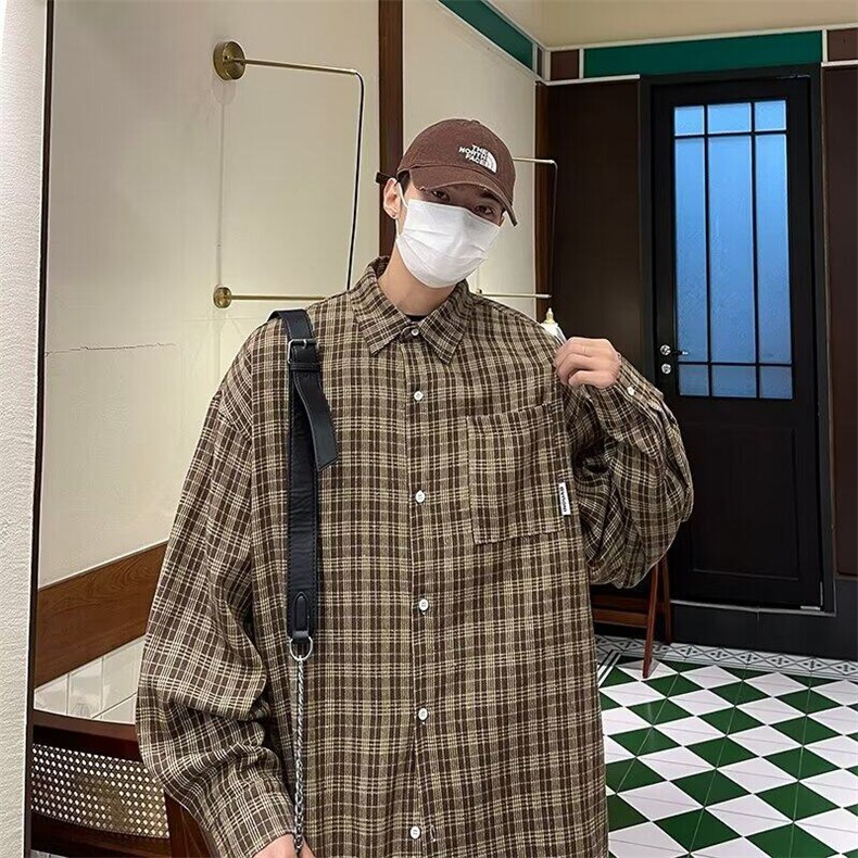 2025春季新款帅气格子衬衫男长袖宽松百搭衬衣男现货W8107-P33,男装衬衫,星座512-4