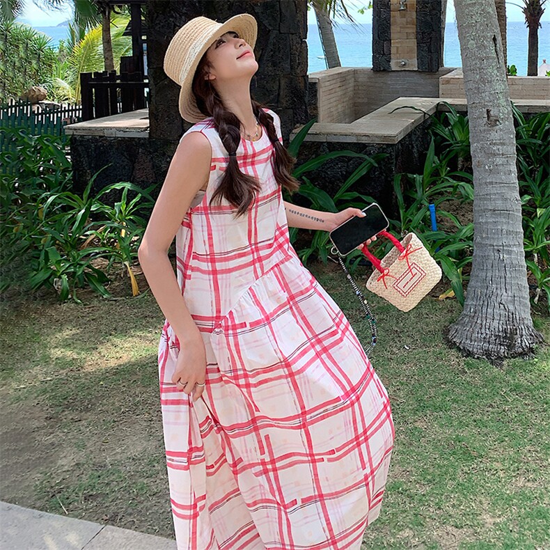 甜美红色格子无袖背心连衣裙女夏2025新款独特绝美爆款高级感长裙,女装连衣裙,浙宝305