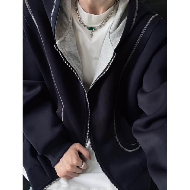 撞色明线连帽卫衣外套男女青少年情侣潮上衣美式拉链~W1104，女装短外套，星座601-1