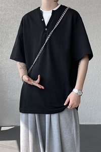 现货 T10132-特批33 控65 夏季新款假两件曼巴棉大码撞色T恤图片