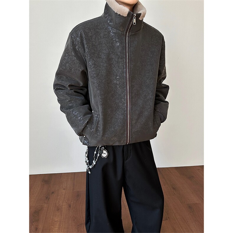 加绒加厚蛇纹亮片棉衣潮牌休闲座山雕皮衣男D54135-TP80158，男装皮衣，电商A102