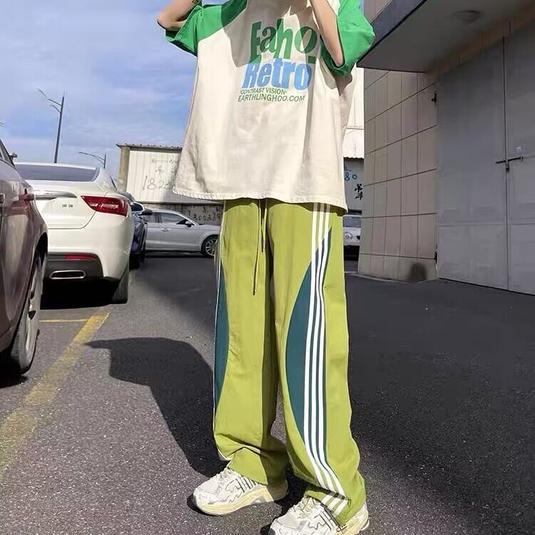 多巴胺速干裤子男夏季薄款2025新款三条杠宽松直筒美式高街休闲裤,男装休闲裤,星座1210-1