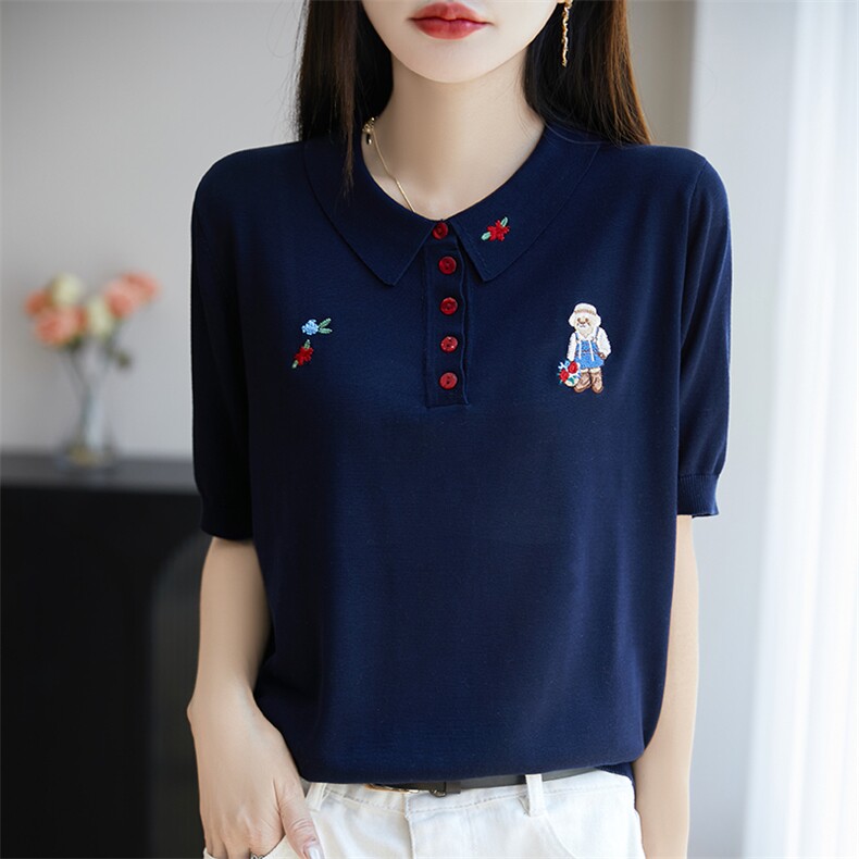 夏季莱赛尔天丝针织五分袖上衣女翻领刺绣纽扣短袖T恤宽松打底衫,针织衫/毛衣,郡淞羊绒