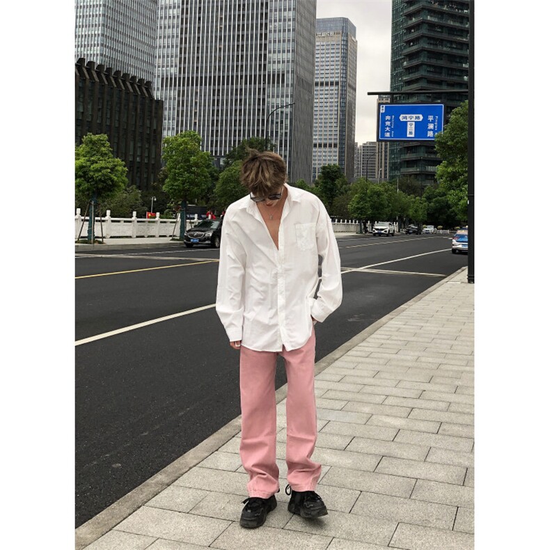 潮牌时尚冰莓粉宽松直筒水洗牛仔裤X1002-1-NZ2413-现货,男装牛仔裤,星座1002-1