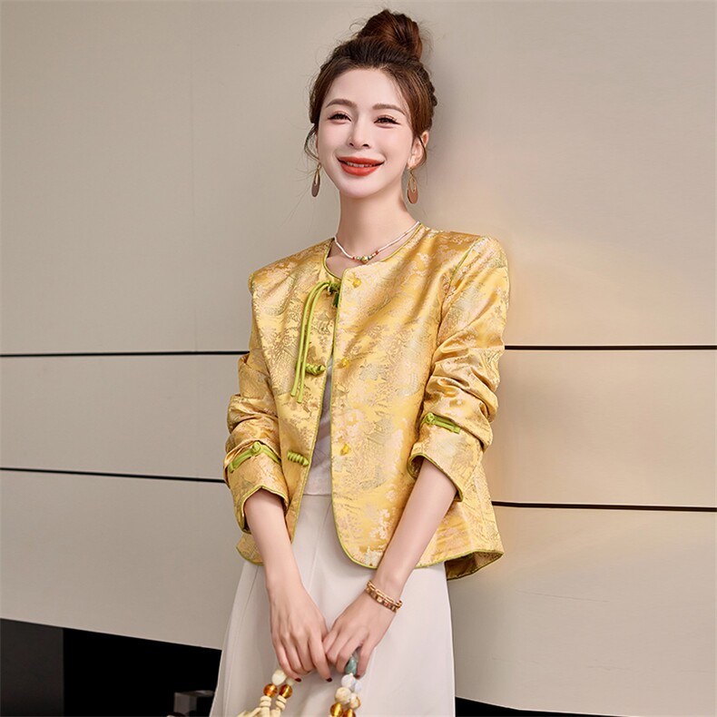 气质时尚中式上衣2025春季新款粉色提花短外套小个子盘扣薄外搭,女装短外套,利佳可人