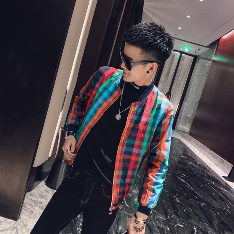 社会风春秋春装修身细方格撞色棒球领夹克B297-7190-P70,男装夹克,电商B297
