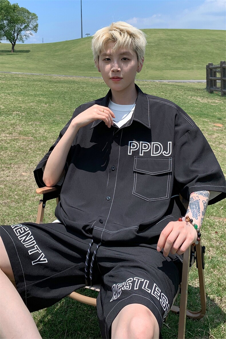特批P65无差价夏季冰丝凉感薄款字母印花男休闲复古两件套装TZ361,男装休闲套装,电商A001-1