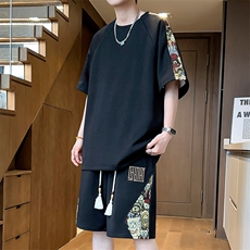 男士短裤两件套刺绣夏季休闲运动套装男宽松T恤A266-TZ9958-P50，男装休闲套装，电商A266