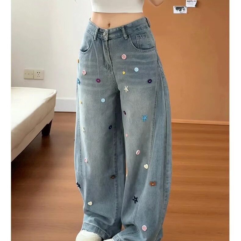美式ins设计感重工碎钻高腰微喇叭牛仔裤女夏季复古修身遮胯长裤,男装牛仔裤,星座1210-1