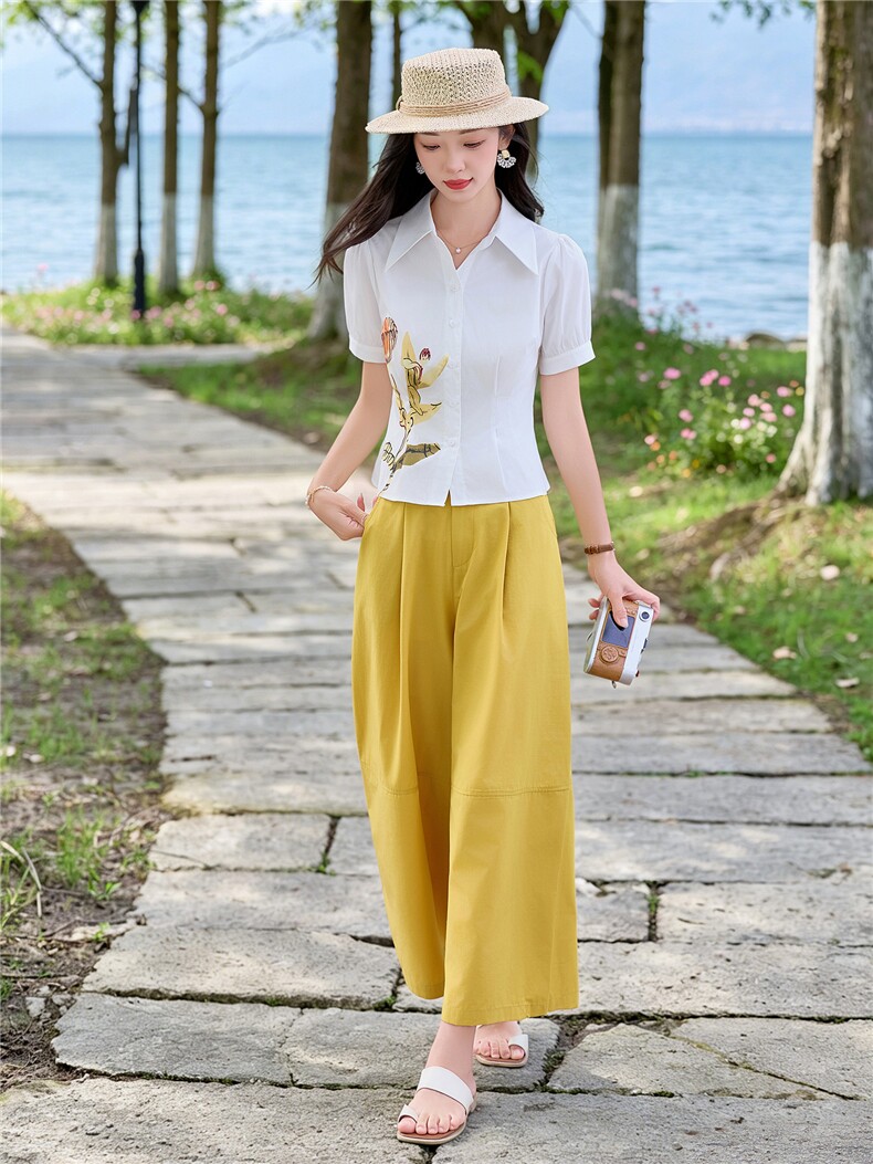 轻熟风时尚小翻领衬衫套装女2026夏气质印花上衣休闲裤两件套,女装套装/套裙,水衣源
