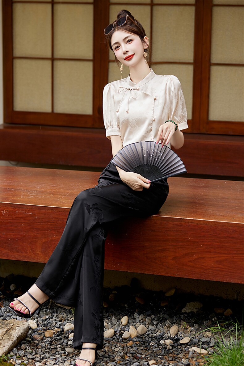 新中式国风套装女2024年夏季新款高级感别致改良旗袍阔腿裤两件套,女装套装/套裙,然然