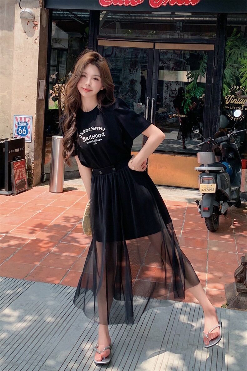 短袖夏季小黑裙长裙泡泡袖小众时尚套装小个子学生,女装套装/套裙,2C092