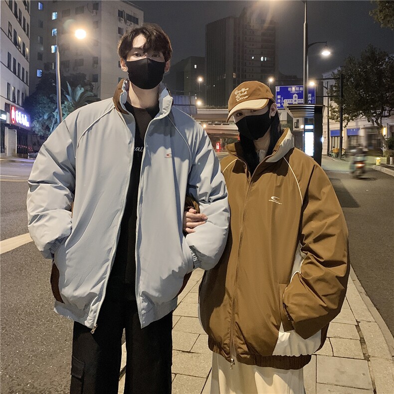 情侣装冬装双面穿条纹织带棉服拼色棉衣休闲外套男G1101P138,男装棉衣,电商A339
