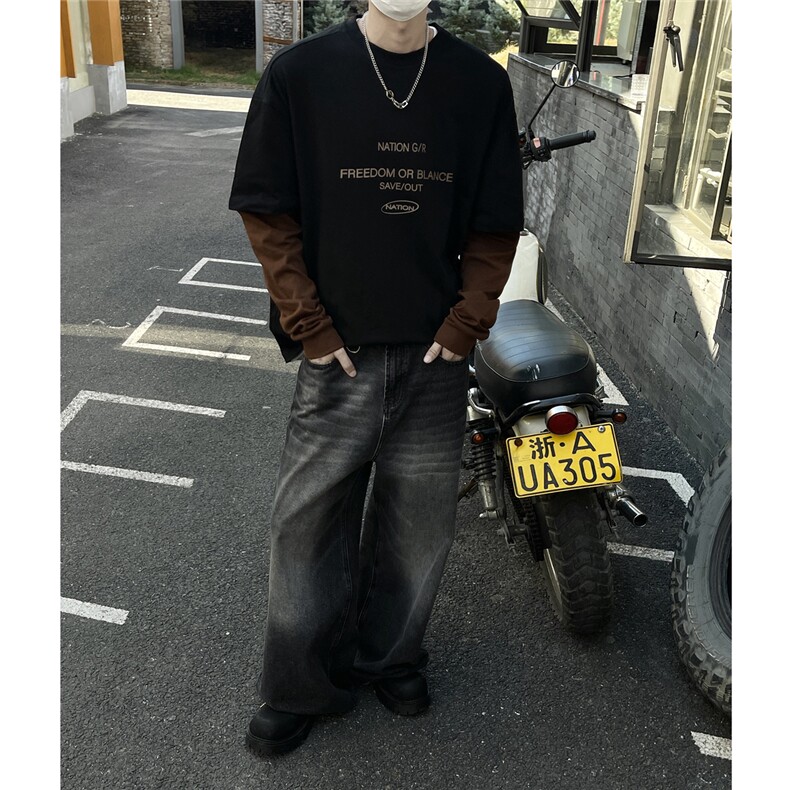 早秋新款280克纯棉圆领拼接印花长袖体恤T3075P55控78,男装T恤,电商A072