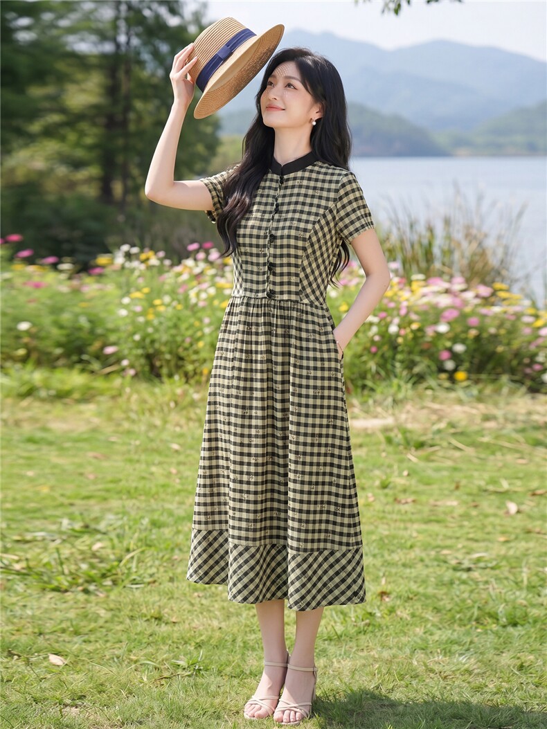 弹力面料学院风格纹连衣裙女春夏收腰显瘦中长裙格子裙子,女装连衣裙,水衣源
