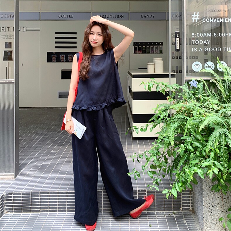 深蓝色慵懒风时尚套装女2025夏新款韩系花边圆领背心阔腿裤两件套图片